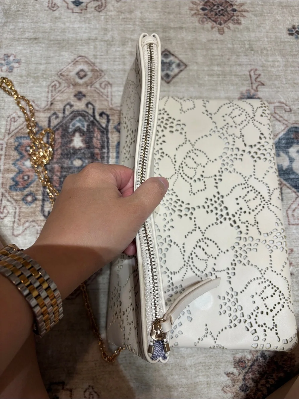 Perforated Cream Fold-Over Crossbody Bag with Gold Chain